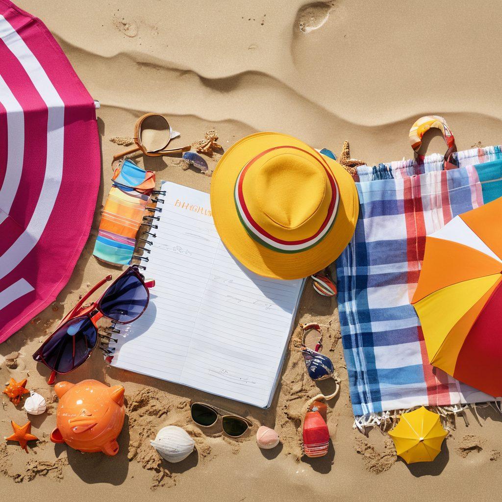 A sunny beach scene featuring diverse people happily swimming in the ocean, wearing colorful, affordable beachwear. In the foreground, showcase stylish beach accessories like sunglasses and towels with price tags to symbolize savings. Include playful elements like a piggy bank sunbathing next to a beach umbrella and a notebook with a budgeting plan lying in the sand. The overall vibe should be cheerful and inviting. vibrant colors. super-realistic.