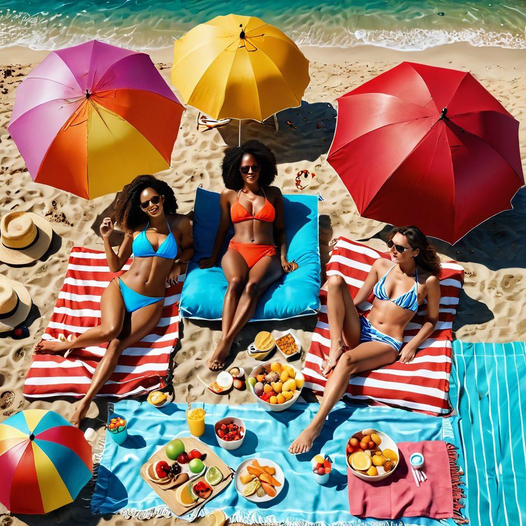 A stylish beach scene featuring diverse individuals wearing trendy but affordable swimwear, lounging under colorful umbrellas. Include vibrant beach towels, a picnic setup with summer snacks, and a budget-friendly beach ball in the foreground. The atmosphere should be bright and cheerful, showcasing a sunny day at the beach with playful waves in the background. super-realistic. vibrant colors. summer vibe.